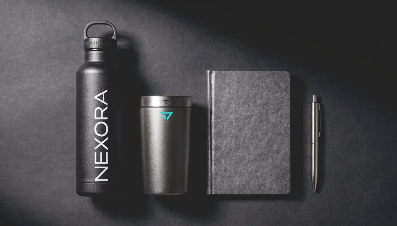 Branded products on a dark surface, notebook, pen and tumbler