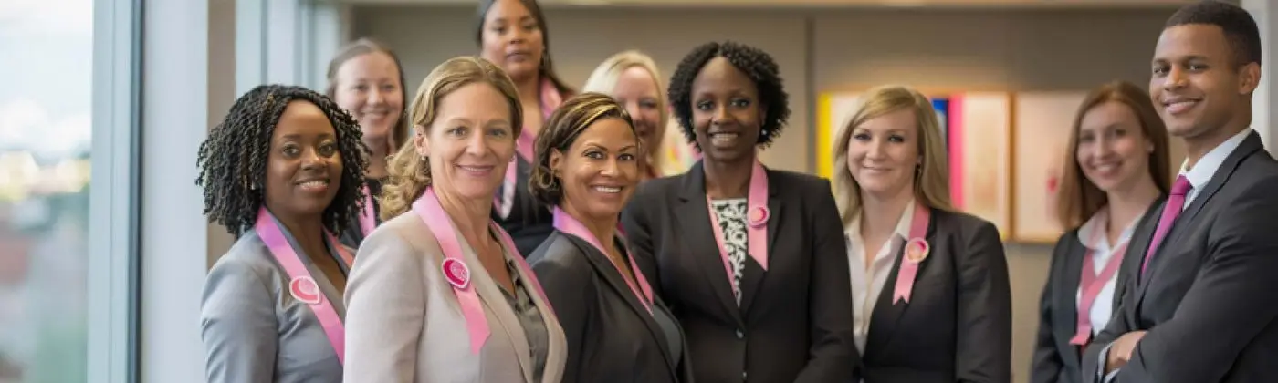 A diverse group of professionals wearing pink awareness ribbons in an office