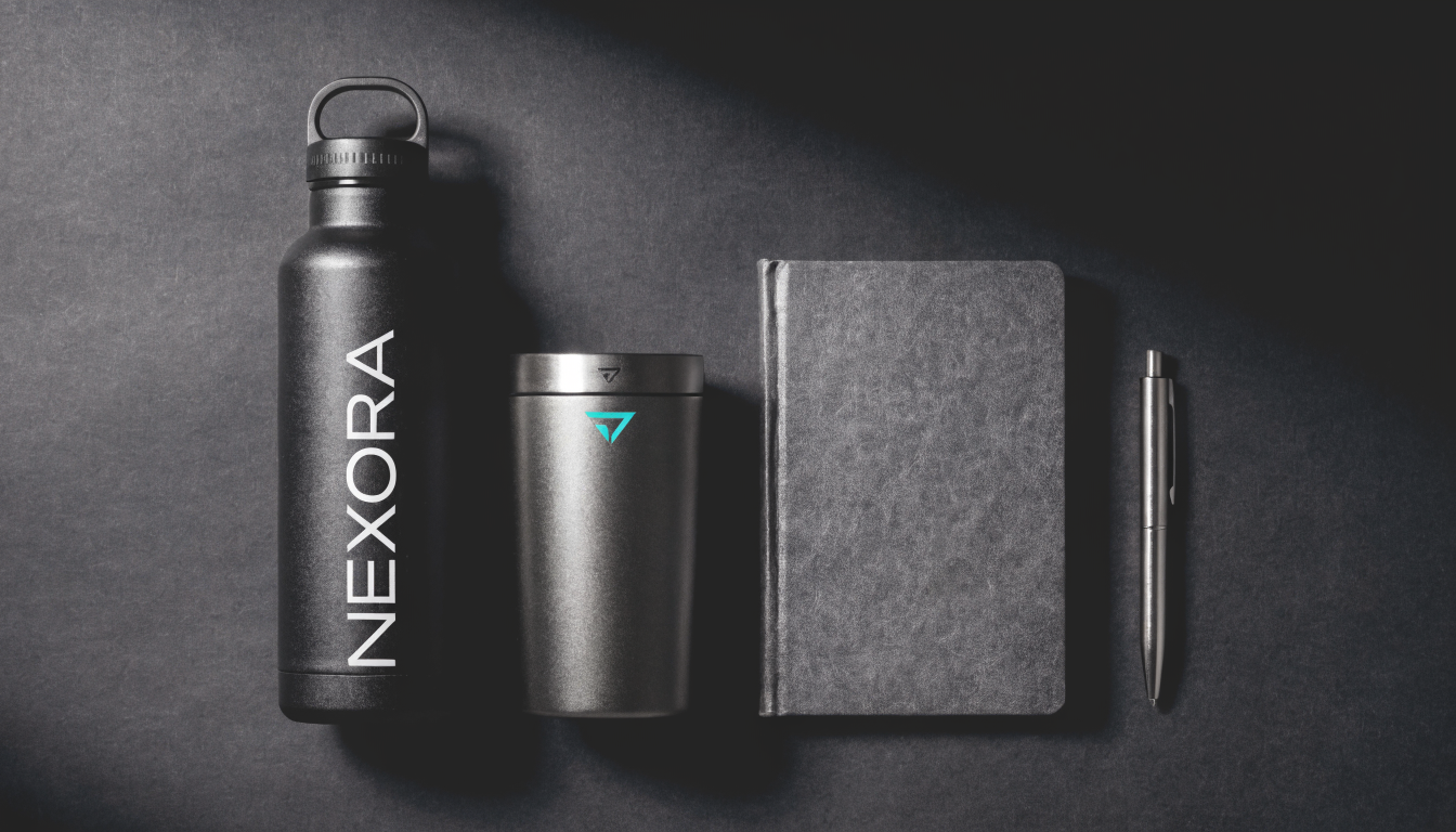 Branded products on a dark surface, notebook, pen and tumbler